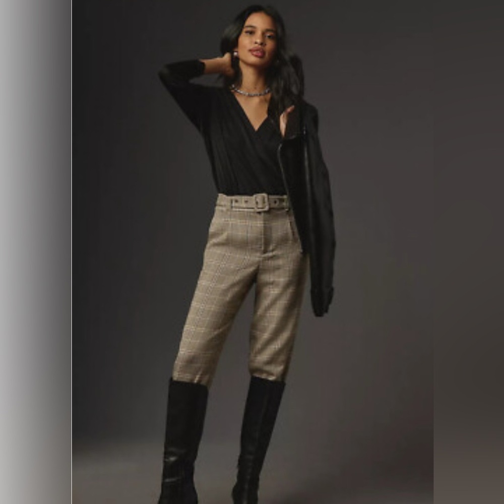 NWT Anthropologie Plaid Ankle Cropped Pants in Beige and Black